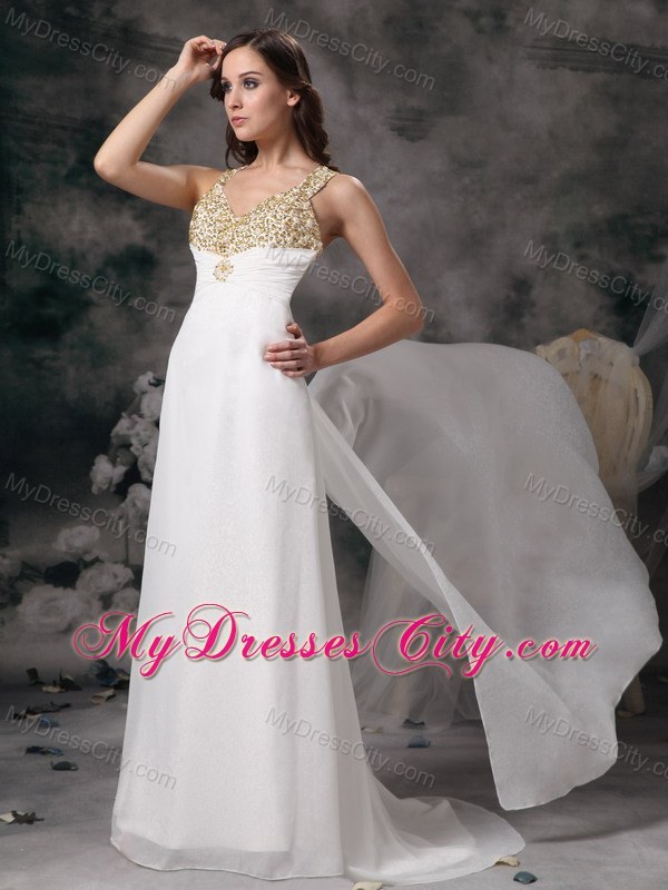 Slinky White V-neck Beading Prom Wedding Dress with Train