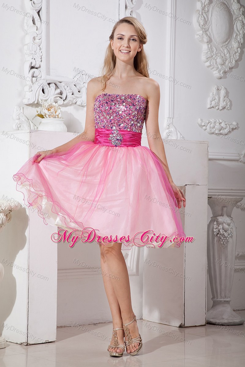 Pink A-line Beaded Strapless Short Organza Prom Dress