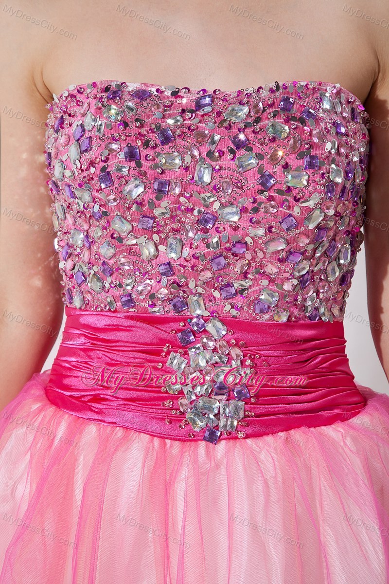 Pink A-line Beaded Strapless Short Organza Prom Dress - MyDressCity.com