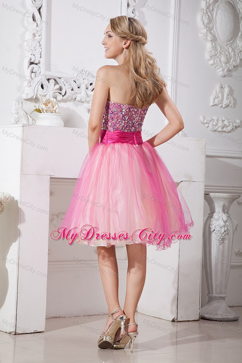 Pink A-line Beaded Strapless Short Organza Prom Dress