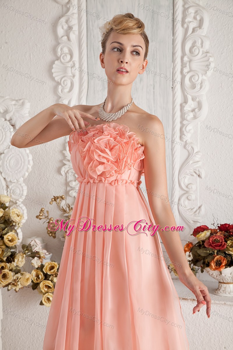 Strapless Watermelon Ruched Flower Prom Gowns