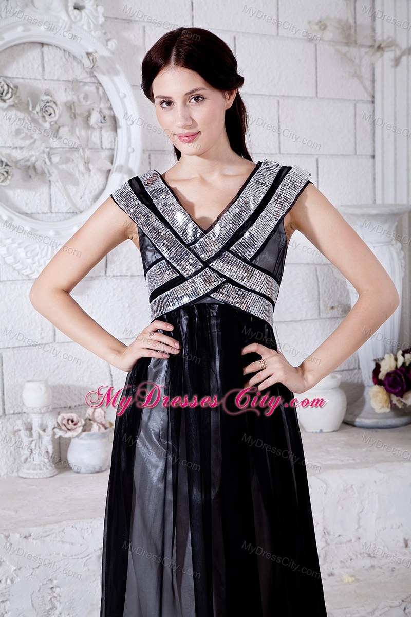 Black Empire Sequined V-neck Chiffon Prom Party Dress