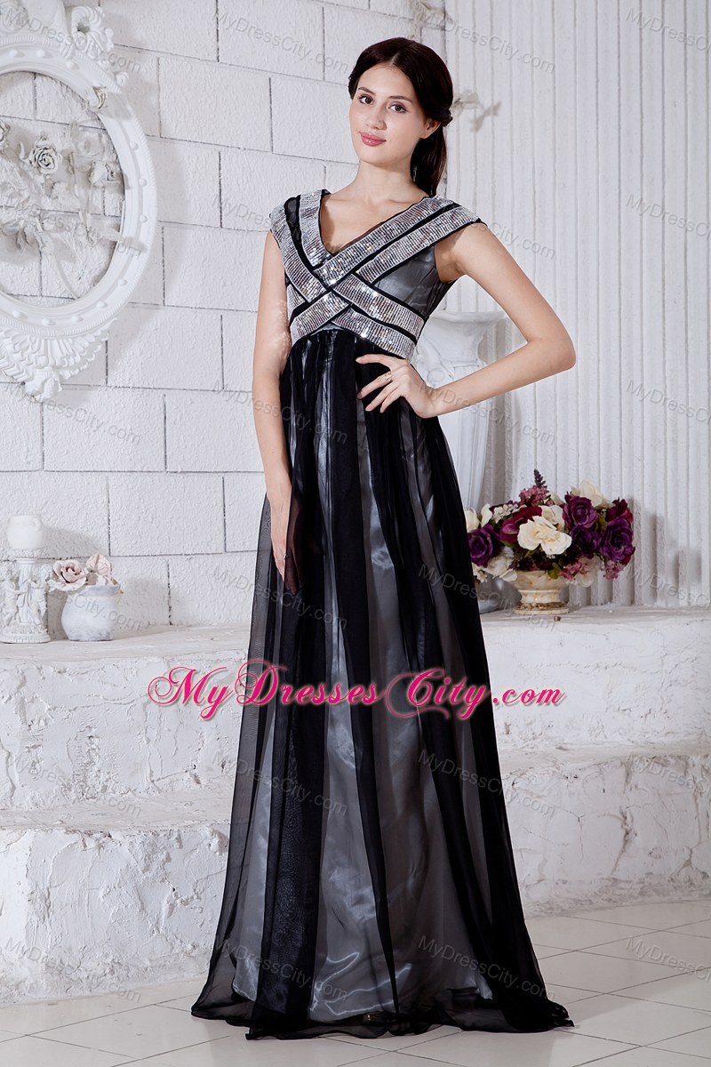 Black Empire Sequined V-neck Chiffon Prom Party Dress