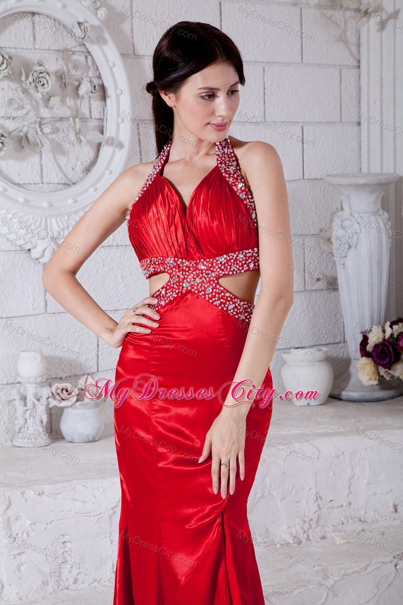 Sexy Red Beaded Halter Prom Evening Dress with Cut Out