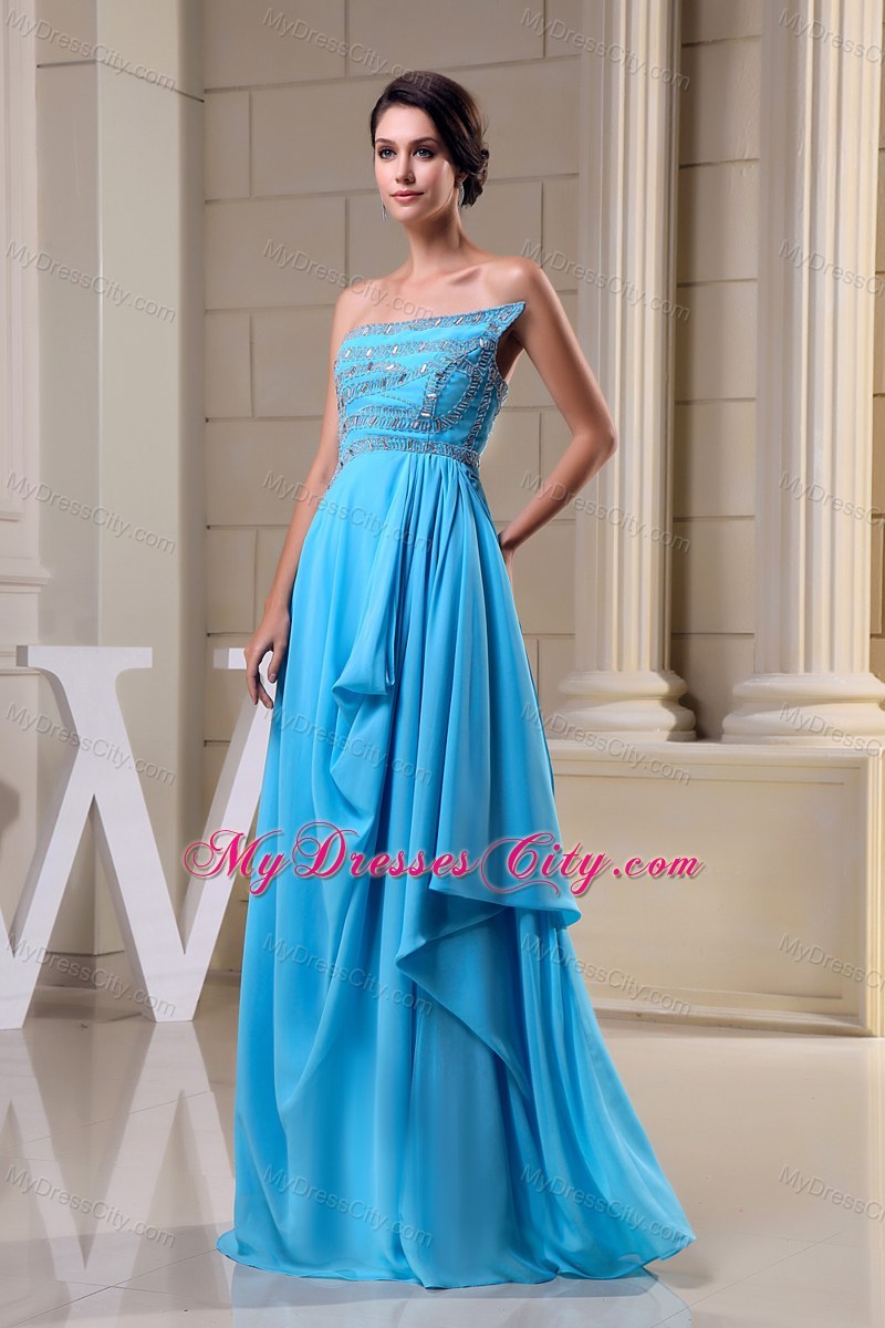 Empire Beaded Baby Blue Chiffon Prom Dress with Cool Neckline