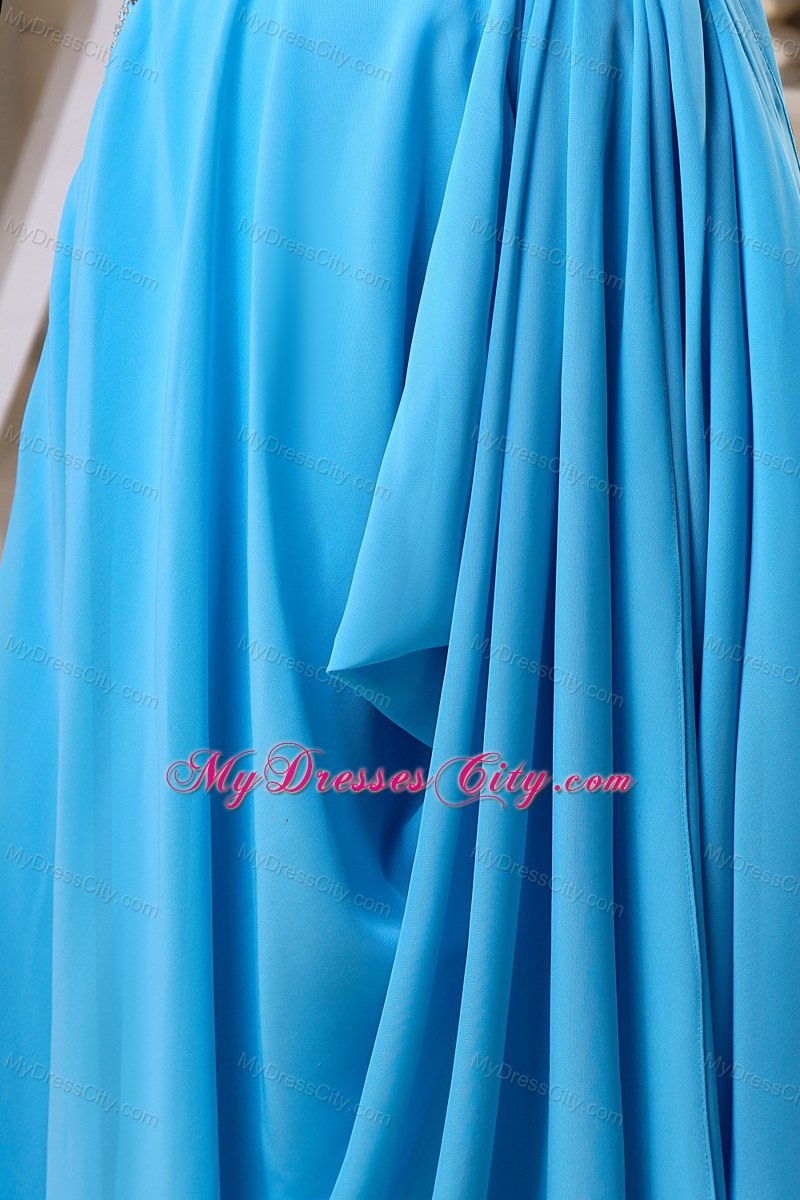 Empire Beaded Baby Blue Chiffon Prom Dress with Cool Neckline