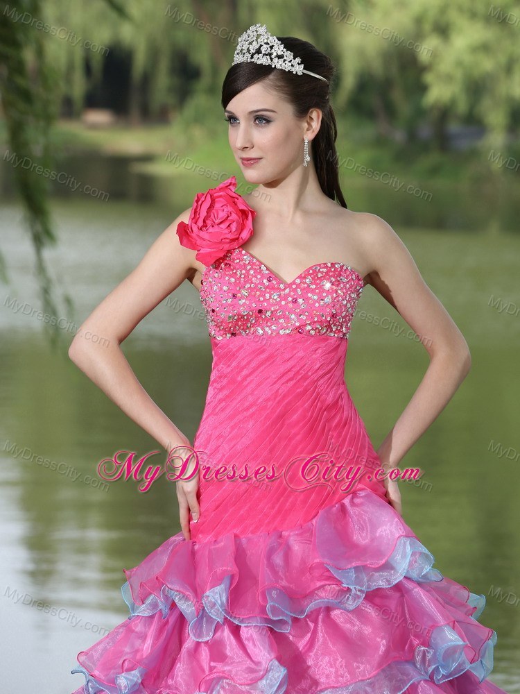 Flowers Beaded One Shoulder Ruffled Layers 2013 Prom Gowns