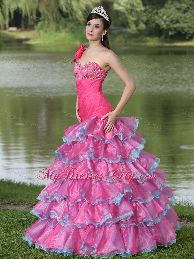 Flowers Beaded One Shoulder Ruffled Layers 2013 Prom Gowns