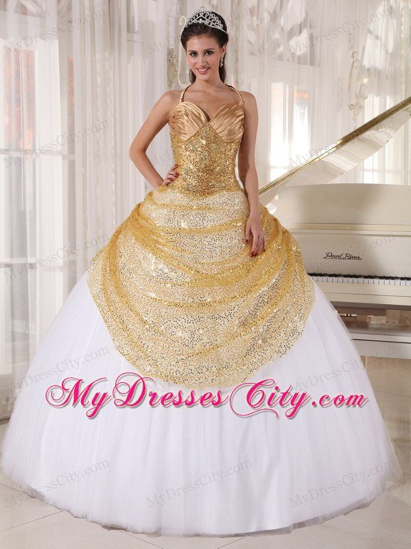 Paillette Over Skirt Halter Sequins Quinceanera Gowns with Fitted Waist