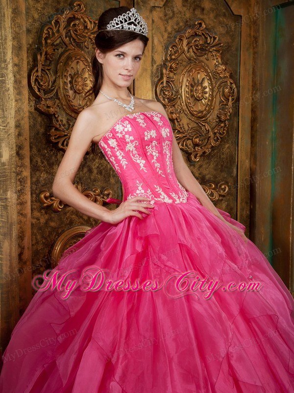 Gorgeous Puffy Strapless Appliques Ruffled Hot Pink Quinceanera Dress