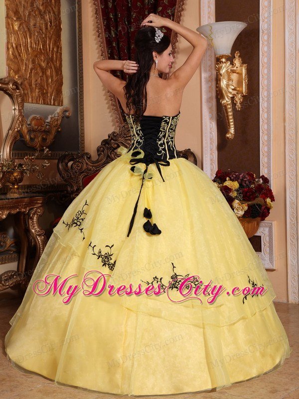 Yellow Strapless Embroidery Flower Affordable Quinceanera Dress