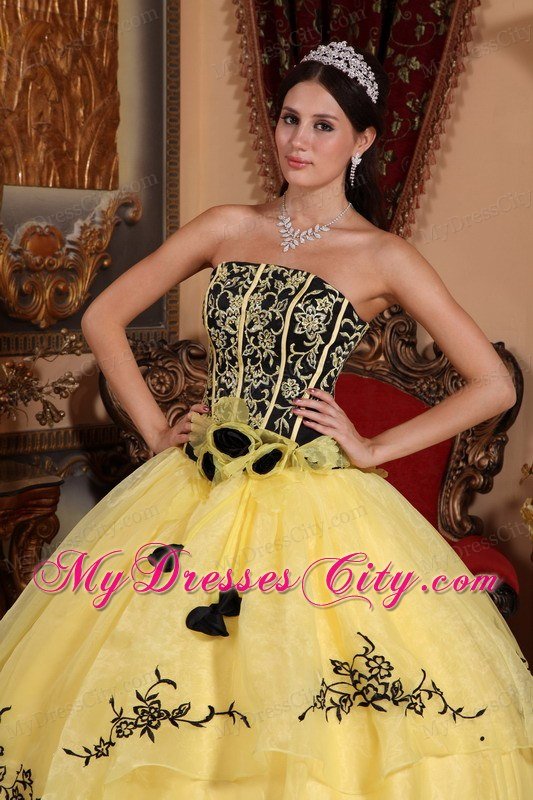 Yellow Strapless Embroidery Flower Affordable Quinceanera Dress