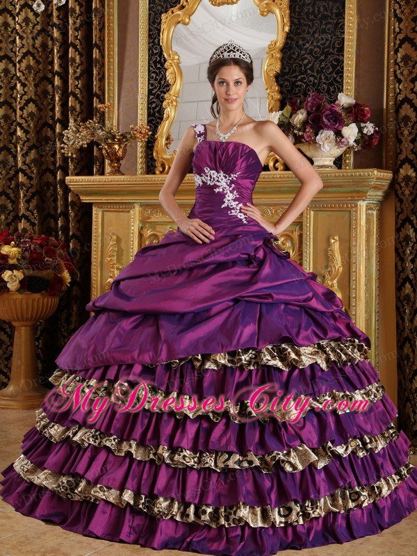 One Shoulder Appliques layered Leopard Purple Dress for Quince 2013