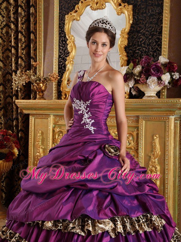 One Shoulder Appliques layered Leopard Purple Dress for Quince 2013