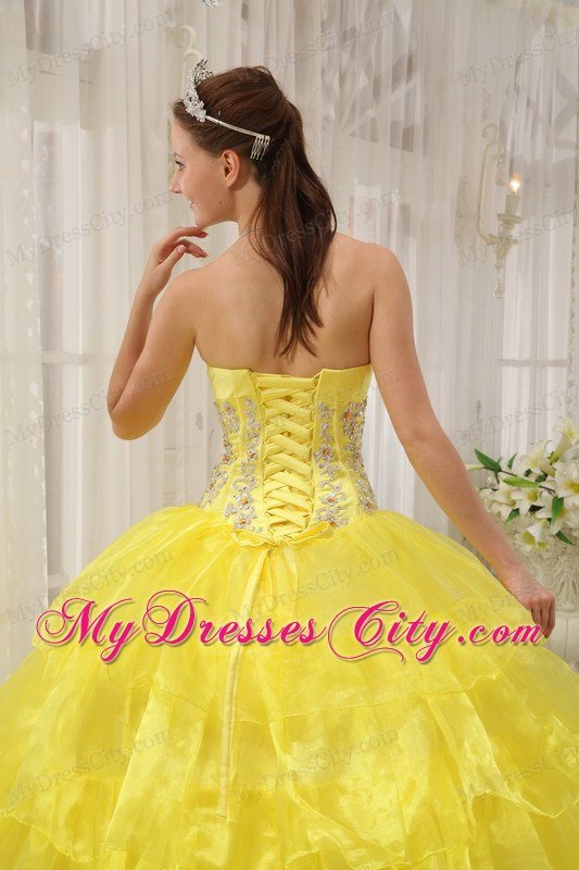 Beading Decorate Waist Strapless Tiered Yellow Quinceanera Dress