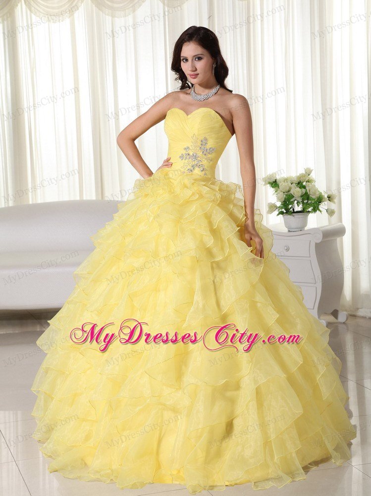 Yellow Organza Sweetheart Ruffles Sweet 15 Dress for Cheap