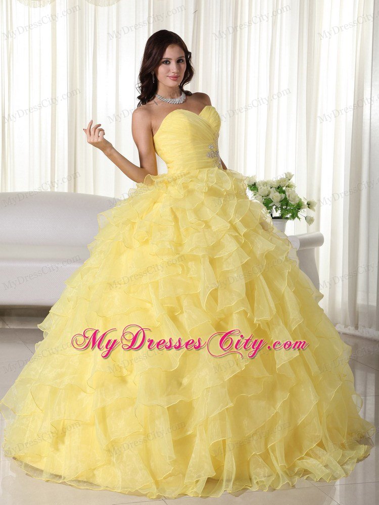Yellow Organza Sweetheart Ruffles Sweet 15 Dress for Cheap