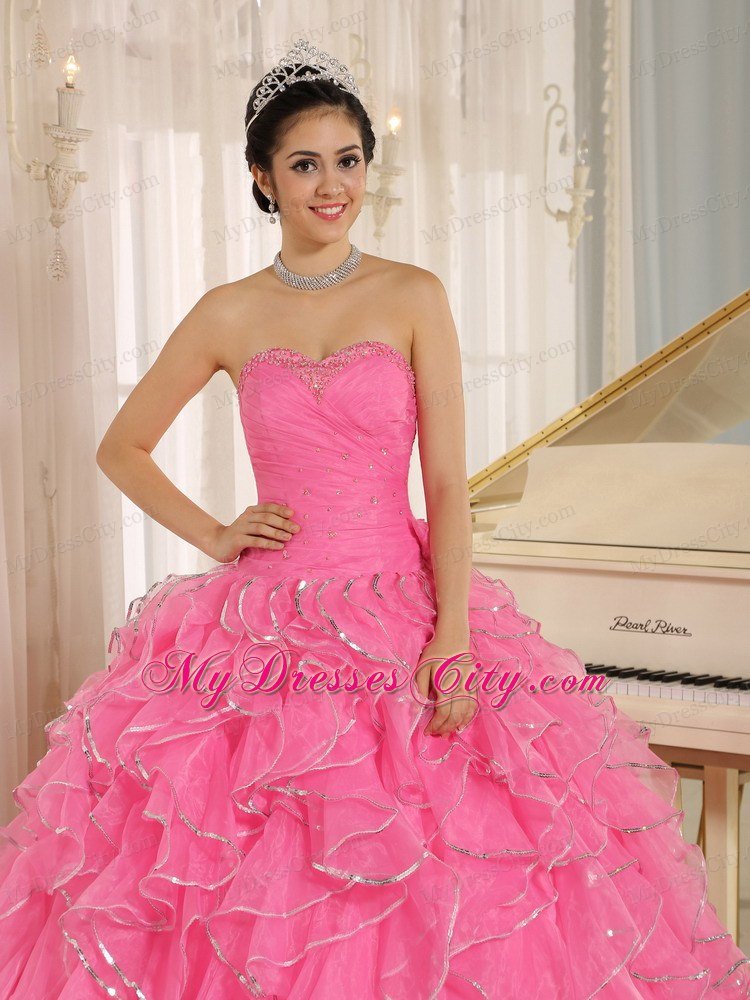 Beautiful Rose Pink Puffy Sweet 15 Dress with Ruches and Beading