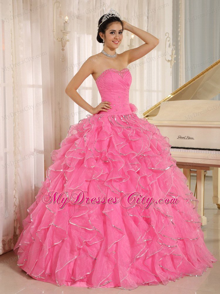 Beautiful Rose Pink Puffy Sweet 15 Dress with Ruches and Beading