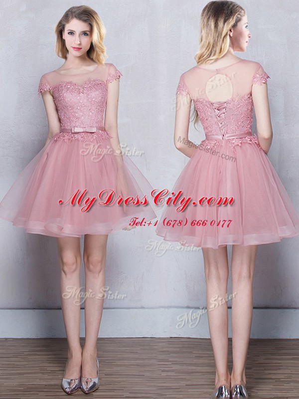 Scoop Mini Length Pink Quinceanera Court of Honor Dress Tulle Short Sleeves Lace and Appliques and Belt
