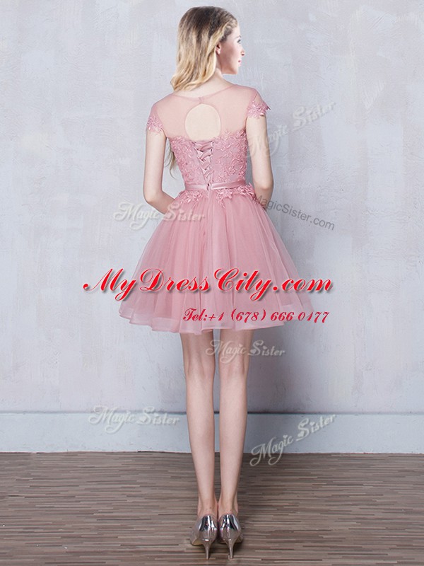 Scoop Mini Length Pink Quinceanera Court of Honor Dress Tulle Short Sleeves Lace and Appliques and Belt