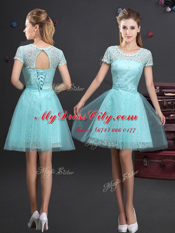 Modest Aqua Blue Bridesmaid Dresses Prom and Party and Wedding Party and For with Lace and Appliques and Belt Scoop Short Sleeves Lace Up
