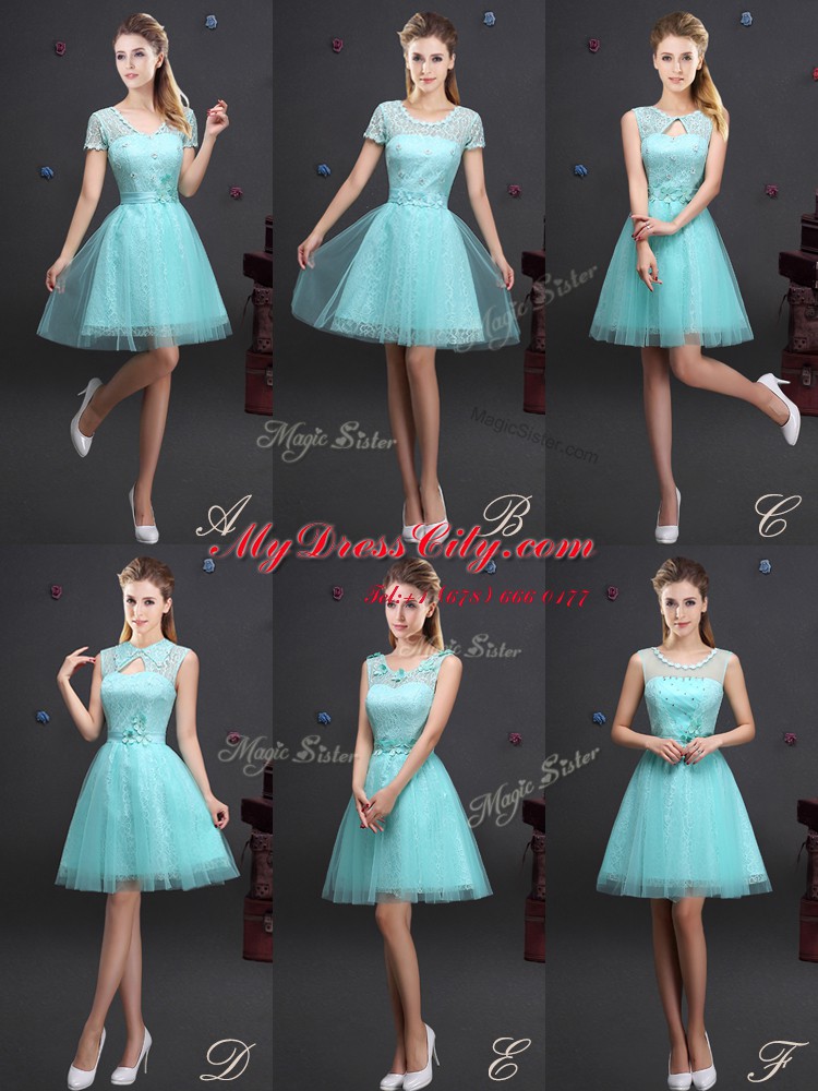 Modest Aqua Blue Bridesmaid Dresses Prom and Party and Wedding Party and For with Lace and Appliques and Belt Scoop Short Sleeves Lace Up