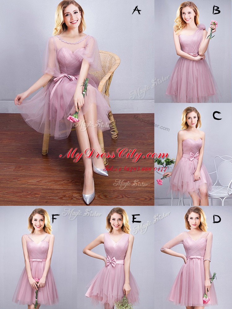 Tulle V-neck Sleeveless Lace Up Ruffles and Ruching and Bowknot Bridesmaid Dress in Pink