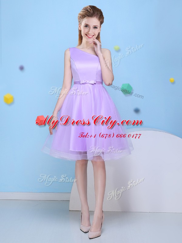 Knee Length Lavender Bridesmaid Gown One Shoulder Sleeveless Lace Up