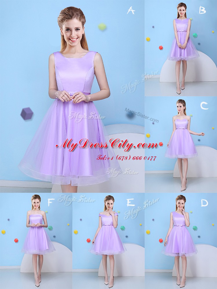 Knee Length Lavender Bridesmaid Gown One Shoulder Sleeveless Lace Up