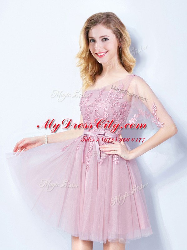 Artistic One Shoulder Sleeveless Lace Up Quinceanera Court of Honor Dress Pink Tulle