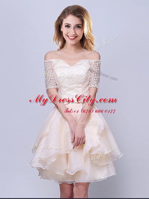 Champagne Off The Shoulder Neckline Lace and Ruffles and Belt Damas Dress Short Sleeves Lace Up