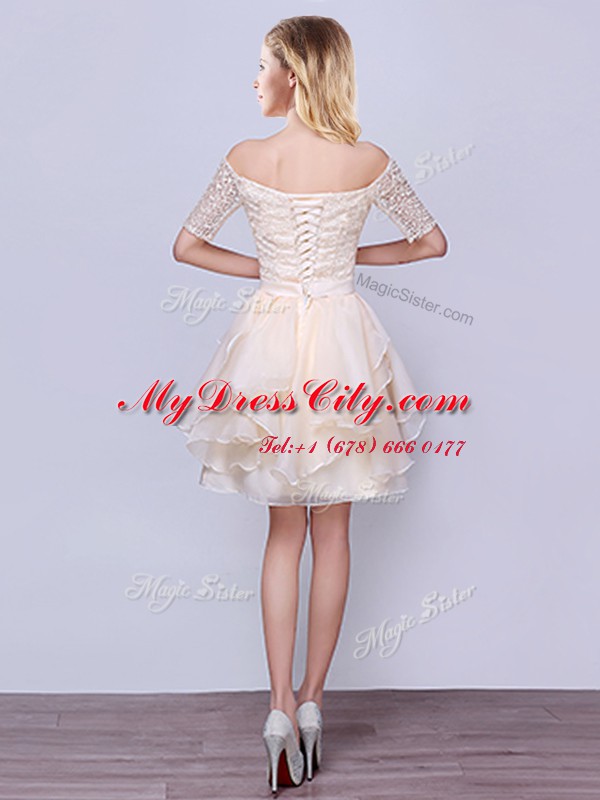 Champagne Off The Shoulder Neckline Lace and Ruffles and Belt Damas Dress Short Sleeves Lace Up