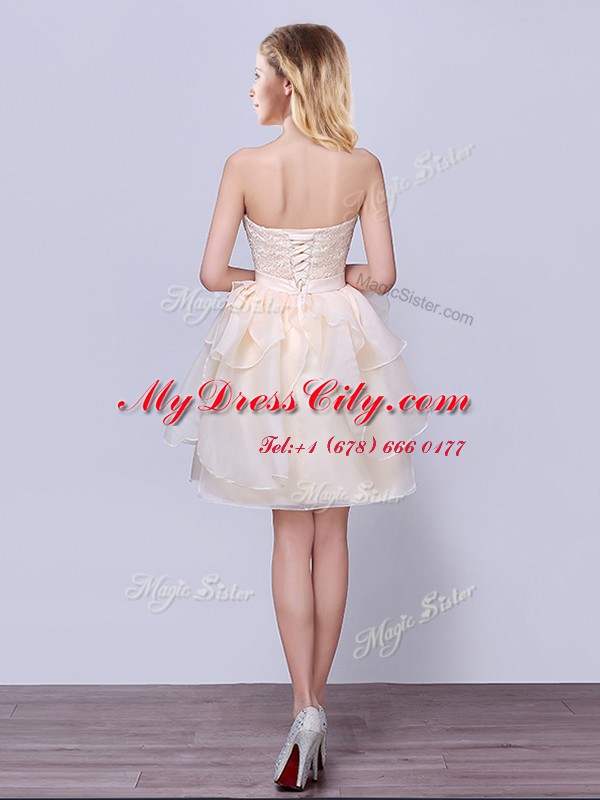 Fashionable A-line Quinceanera Court Dresses Champagne Strapless Organza Sleeveless Mini Length Lace Up