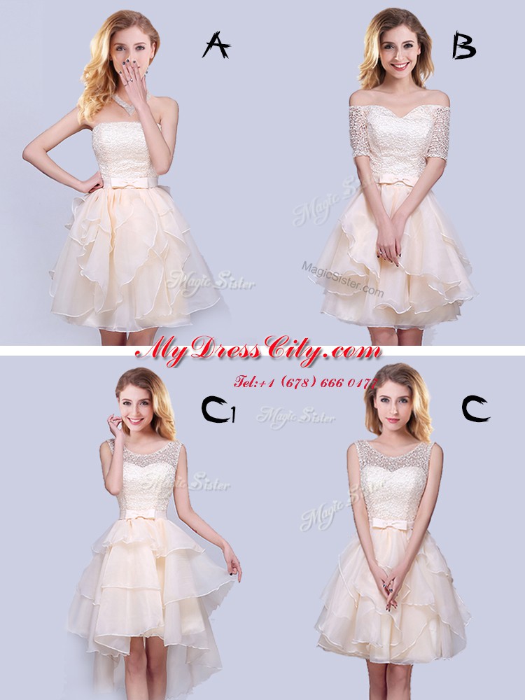 Fashionable A-line Quinceanera Court Dresses Champagne Strapless Organza Sleeveless Mini Length Lace Up