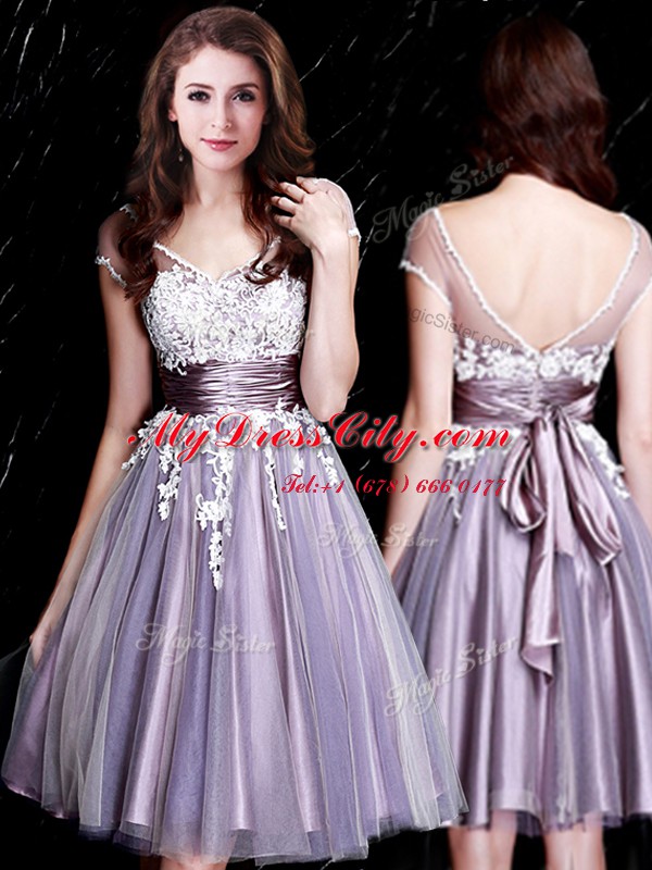 Short Sleeves Knee Length Appliques and Belt Zipper Dama Dress for Quinceanera with Lavender