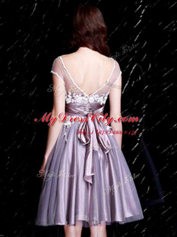 Short Sleeves Knee Length Appliques and Belt Zipper Dama Dress for Quinceanera with Lavender