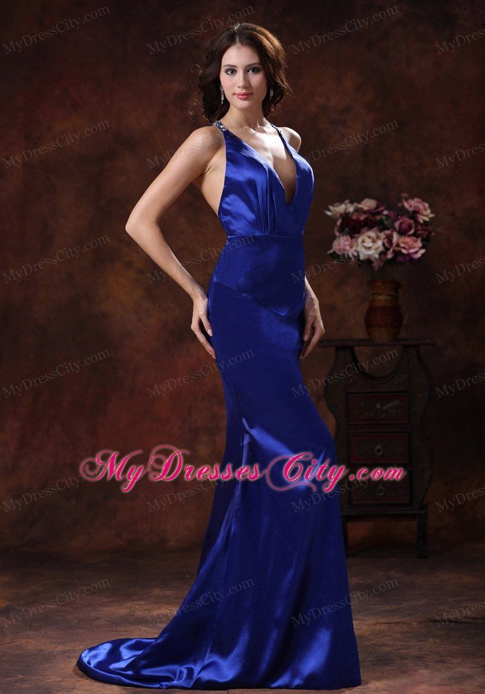 Royal Blue Halter Mermaid Celebrity Dress In 2013 Deep V-neck Design