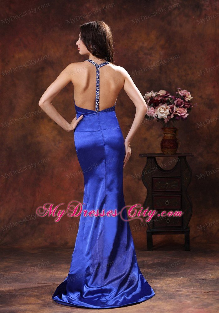 Royal Blue Halter Mermaid Celebrity Dress In 2013 Deep V-neck Design