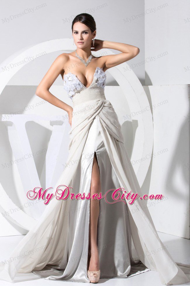 Sexy Grey V-neck Celebrity Dress with High Slit and Hand Made Flowers
