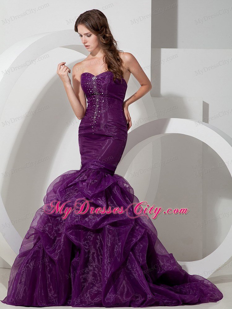 Customize Beading Decorate Purple Mermaid Celebrity Dress with Court