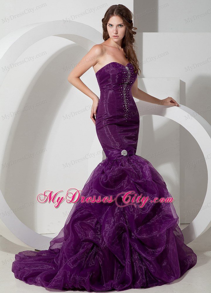 Customize Beading Decorate Purple Mermaid Celebrity Dress with Court