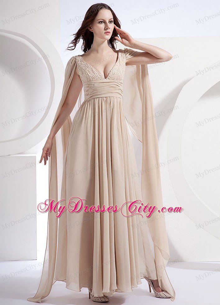 Champagne Empire V-neck Chiffon Celebrity Dresses with Watteau