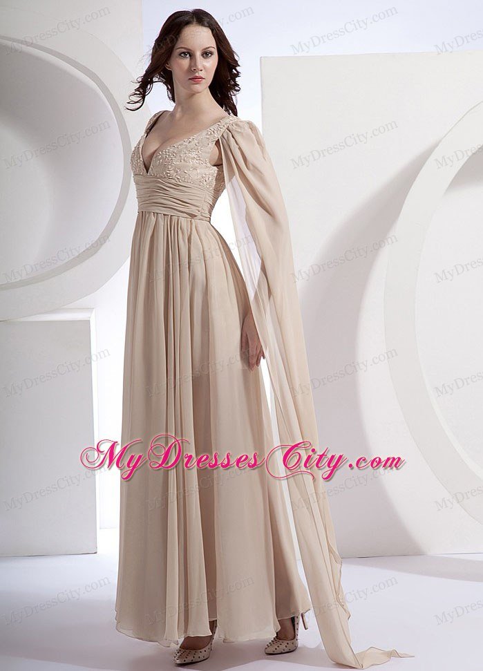 Champagne Empire V-neck Chiffon Celebrity Dresses with Watteau