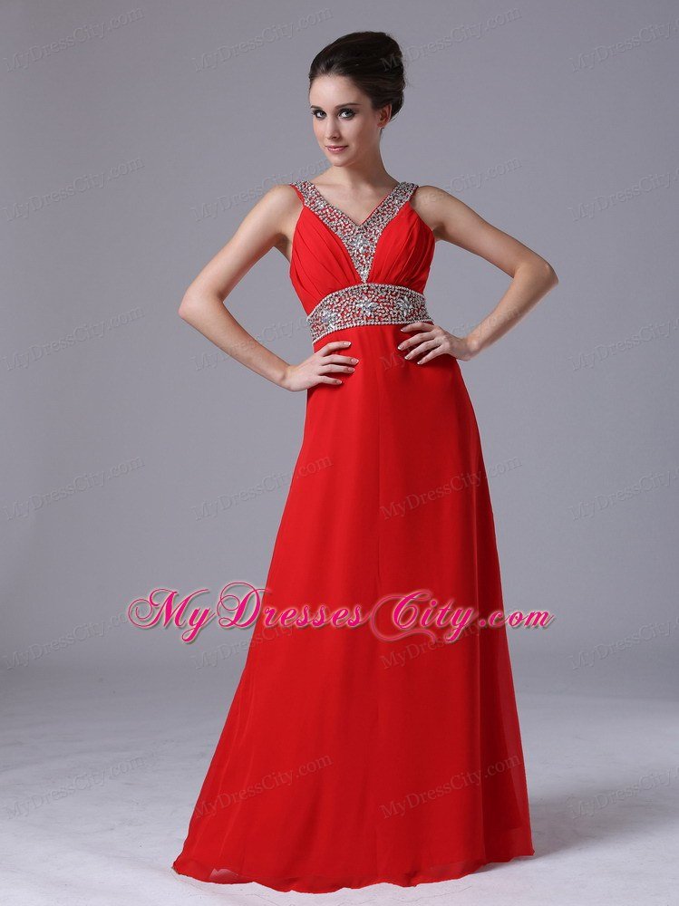 Beading Straps V-neck Empire Chiffon Red Celebrity Dress Floor-length