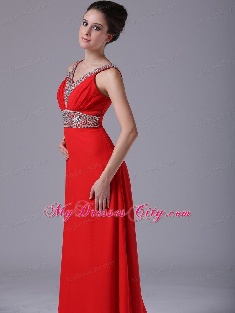 Beading Straps V-neck Empire Chiffon Red Celebrity Dress Floor-length