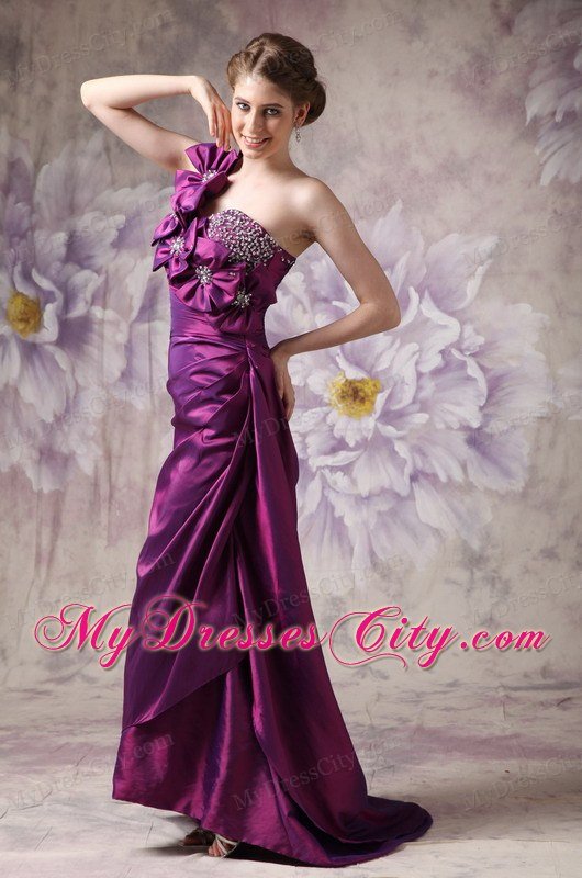 Hand Flowers Eggplant Purple Column One Shoulder Celebrity Dress Beading