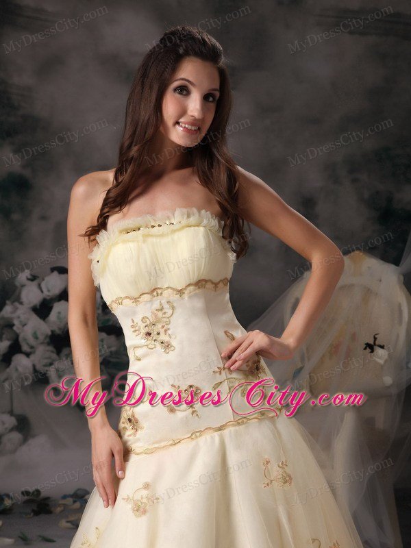 Embroidery A-Line Celebrity Dress Strapless Organza Brush Train Champagne