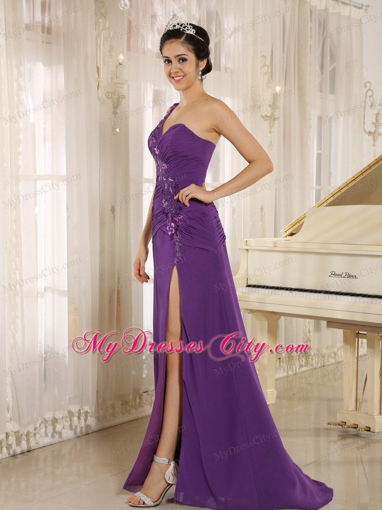 Sequins Sweetheart One Shoulder High Slit Purple Celebrity Dress High Slit