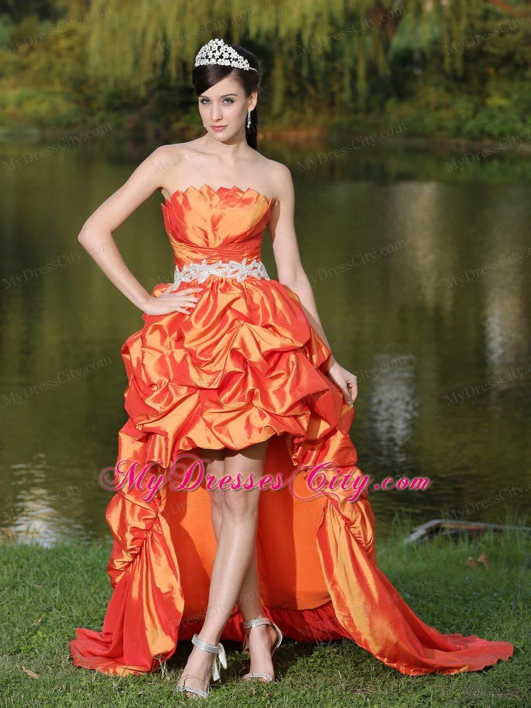 Latest High-Low Orange Red Beaded Waistband Celebrity Dresses